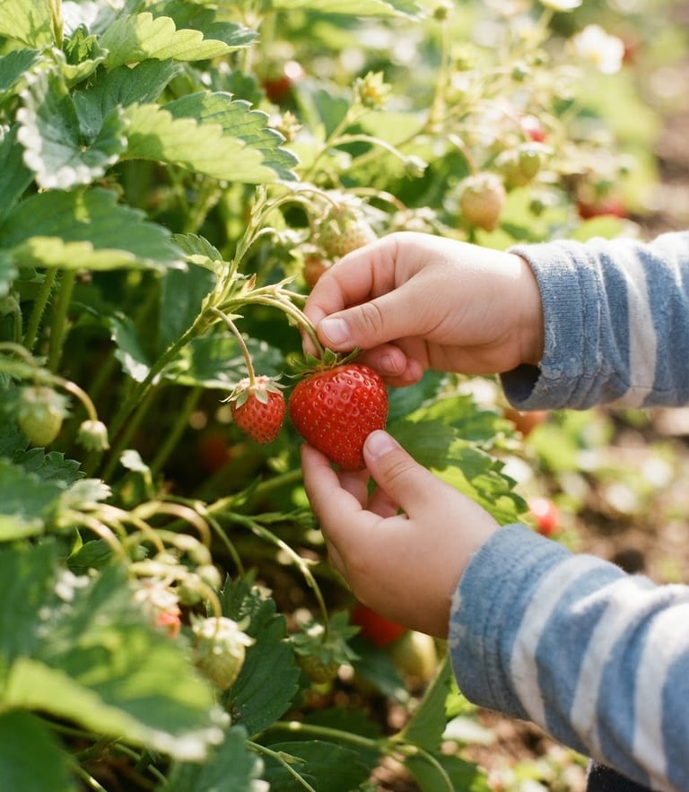 Close-up of a child's hands carefully picking a bright red, sun-dappled strawberry from a lush green vine, warm editorial photography, bright natural morning light, vibrant natural colors, shallow depth of field, 35mm