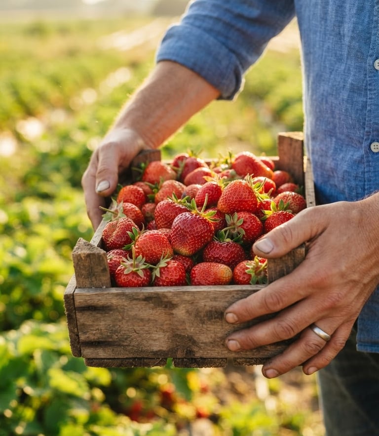 Close-up of hands holding a wooden crate of freshly picked bright red strawberries in a sun-drenched field, warm morning light, shallow depth of field, 35mm