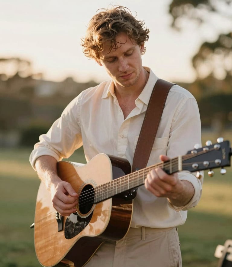 Acoustic musician Charlie McFarlane performing with guitar at a sun-drenched Brisbane wedding, warm golden-hour light, shallow depth of field, 35mm