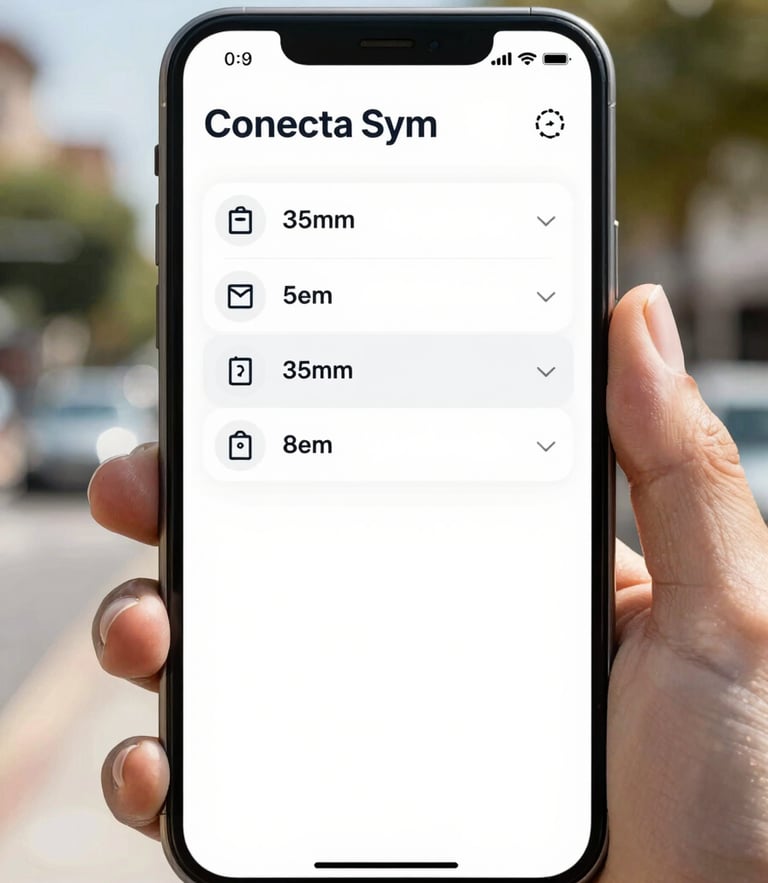 High-fidelity mobile app mockup showing clean Portuguese interface of Conecta Sym municipal app, bright natural daylight, sharp focus, 35mm