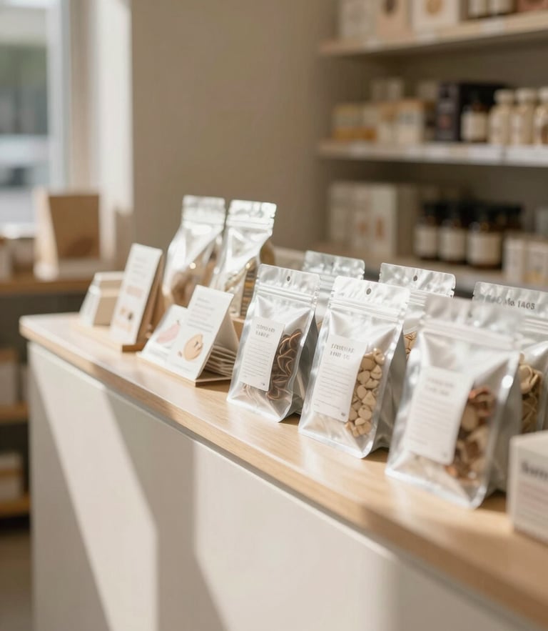Warm editorial photography of a clean, sunlit retail counter at Store No. 1405, showing packaged products with clear labeling, soft daylight, 35mm.