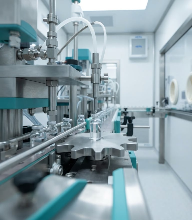 Clinical pharmaceutical photography, bright high-key cleanroom light, sterile white and teal tones, sharp macro focus of automated sterile filling line, 50mm