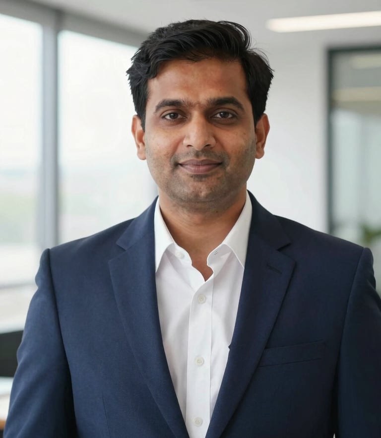 Medium close-up portrait of an Indian male CA in a sharp navy suit, clean modern office background with soft natural window light, professional and trustworthy expression, 35mm lens.