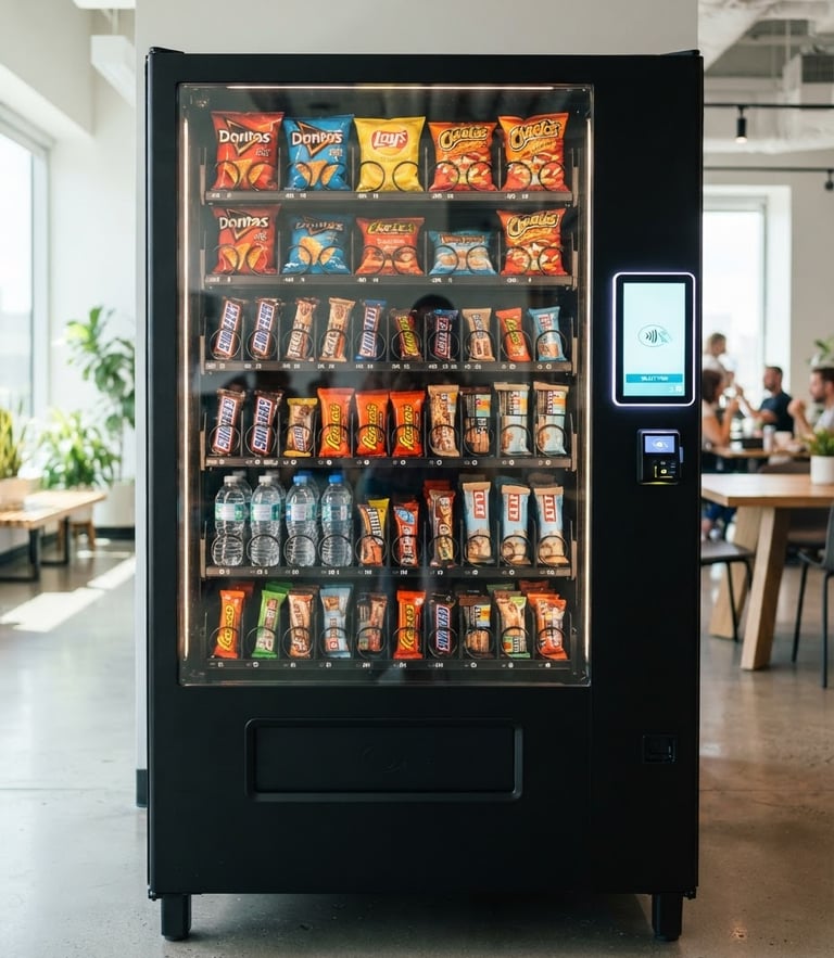 A sleek, modern glass-front vending machine with a glowing digital tap-to-pay screen, stocked neatly with clean, colorful snack rows, bright modern breakroom setting, clean indoor daylight, sharp focus, 35mm