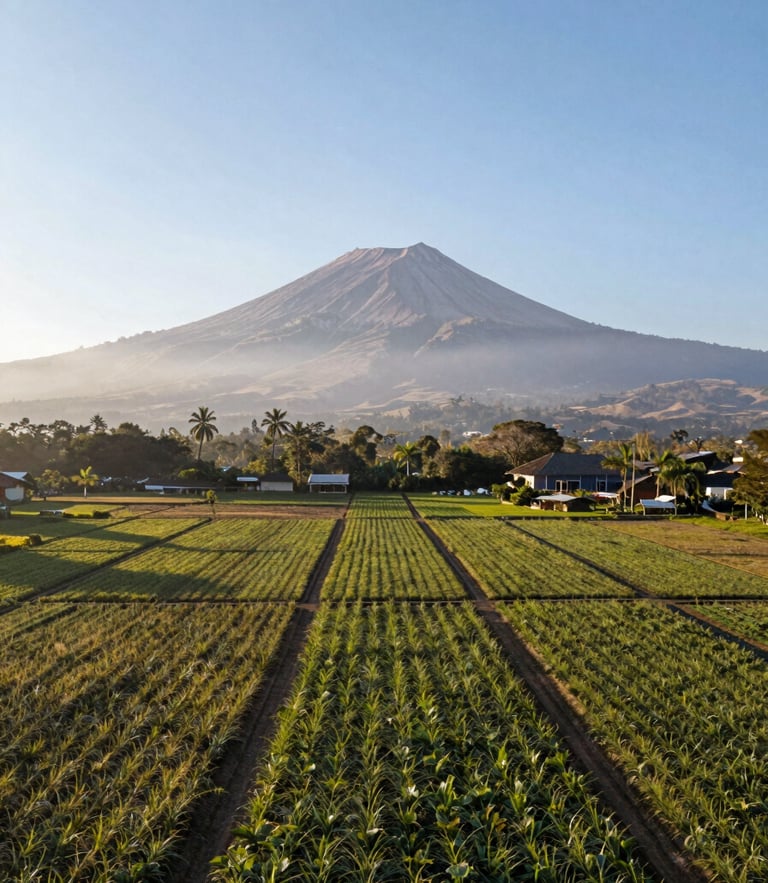Wide-angle drone perspective of a lush agricultural farm lot in Albay with Mount Mayon in the background, bright morning light.