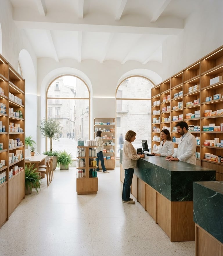 Luminous modern pharmacy interior in Spain with deep forest green marble counters, warm oak wood shelving, clean white architectural lines, diffused daylight, 35mm photography