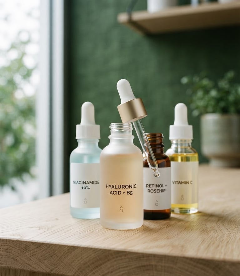 Luminous close-up of clean skincare serums in glass bottles on a light oak surface, soft diffused daylight, clinical and pure aesthetic