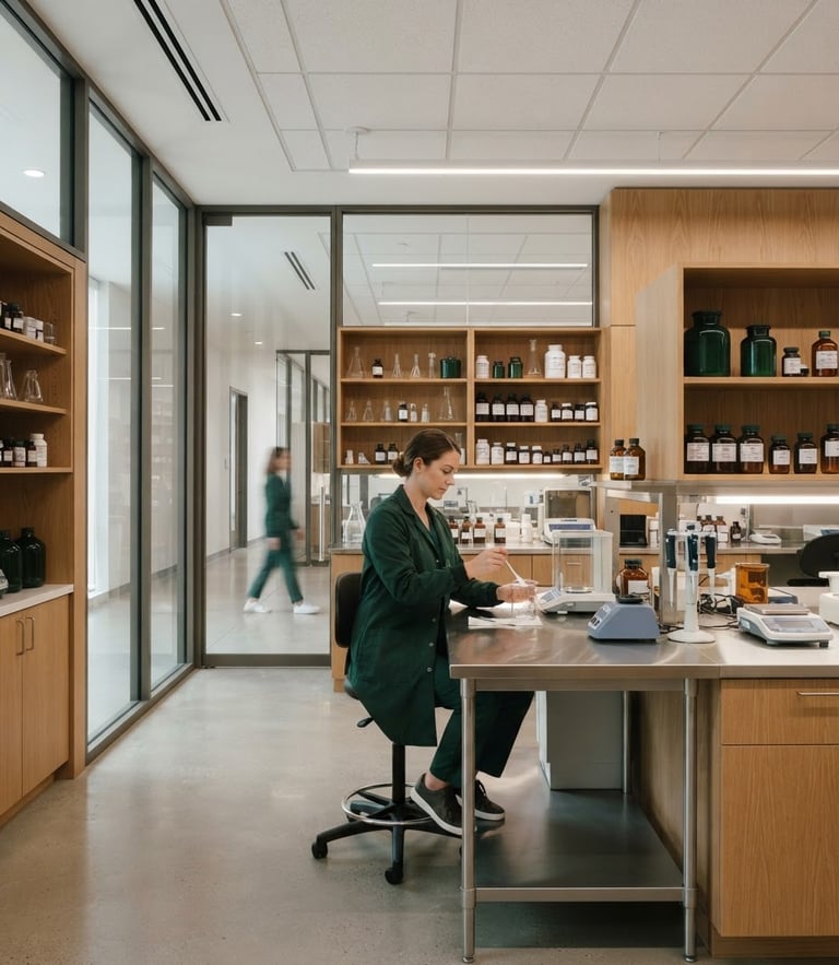 Bright modern pharmacy laboratory with glass walls, stainless steel instruments, and soft architectural lighting, clean minimalist clinic aesthetic