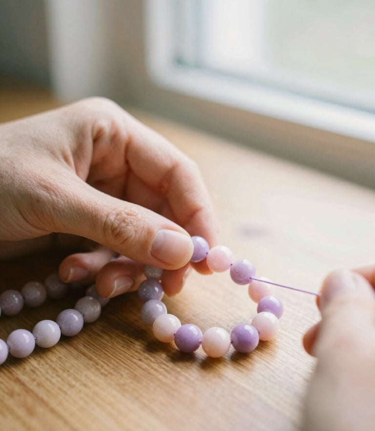 Macro close-up of hands threading pastel lavender and blush beads on a wooden table, soft natural window light, shallow depth of field, 35mm film aesthetic