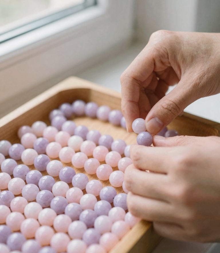 Hands carefully selecting pastel lavender and blush beads from a wooden tray, soft natural window light, shallow depth of field, 35mm film aesthetic
