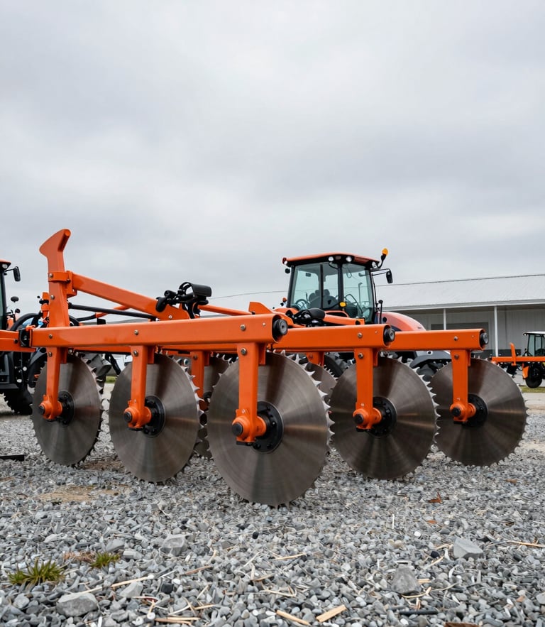 Low-angle shot of a heavy-duty multi-share agricultural plow parked on a gravel showroom lot, natural overcast daylight highlighting the clean orange steel and sharp metal discs, wide-angle perspective.