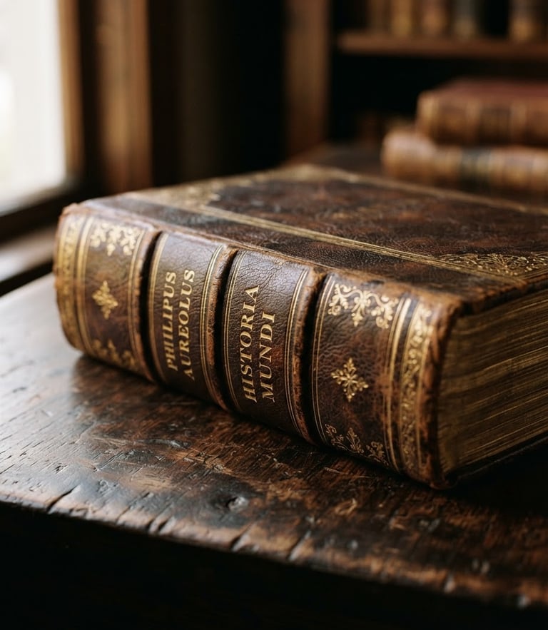 Close-up of a beautifully preserved leather-bound book with gold leaf lettering on a dark wood table, soft window light, warm academic tones