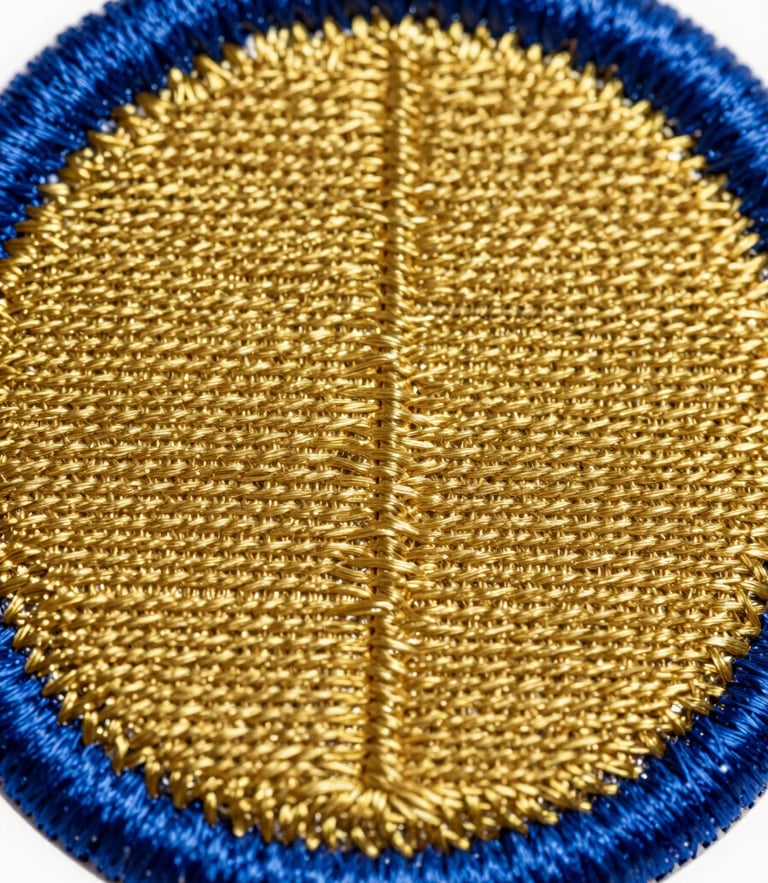Macro close-up of a circular custom embroidered patch with dense gold thread and a thick royal blue merrowed border, bright studio light showcasing the thread texture.