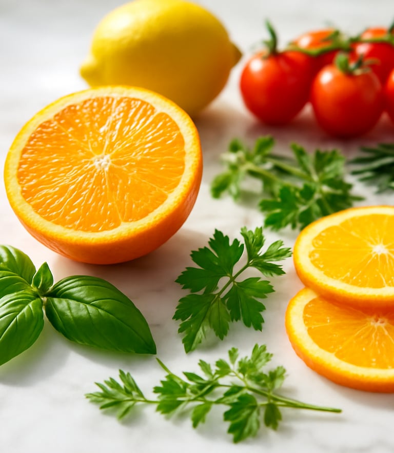 Close-up shot of fresh vibrant ingredients on a bright marble kitchen counter under natural morning daylight, herbs and sliced citrus visible
