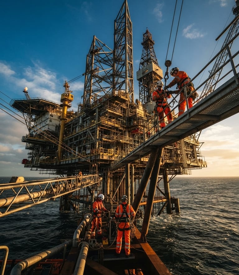Low-angle heroic shot of an offshore oil platform under crisp daylight, technical crew in high-visibility orange PPE working on structural rigging, cinematic depth of field