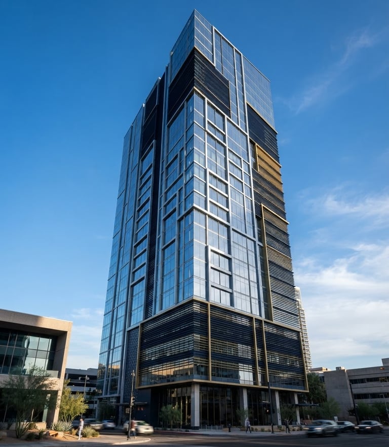 Sharp architectural photograph of a modern glass office skyscraper in Phoenix, cool morning light, high-contrast shadows, clean lines, 35mm