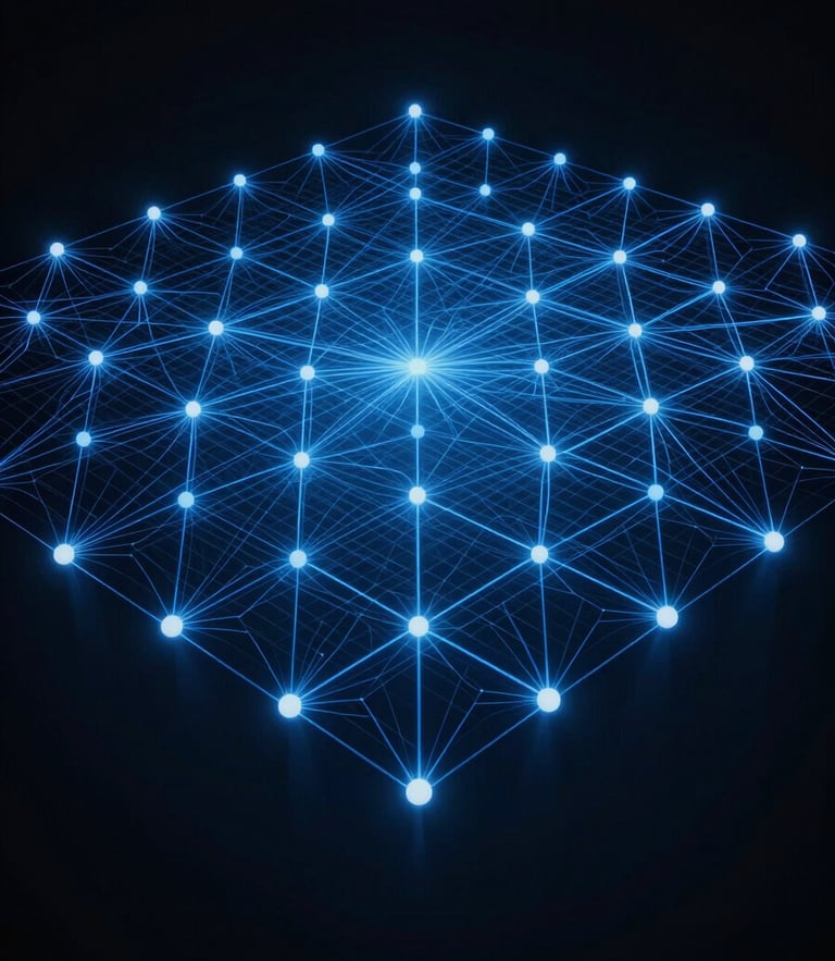Abstract clean node-based network diagram, glowing blue lines connecting structured architectural grid points, low-key high-contrast studio lighting, dark background