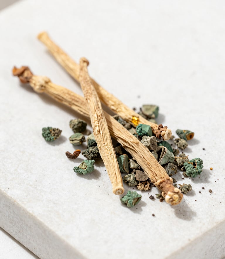 Macro photograph of dried organic Ashwagandha roots on a clean white stone surface, bright natural daylight, sharp focus, premium commercial style