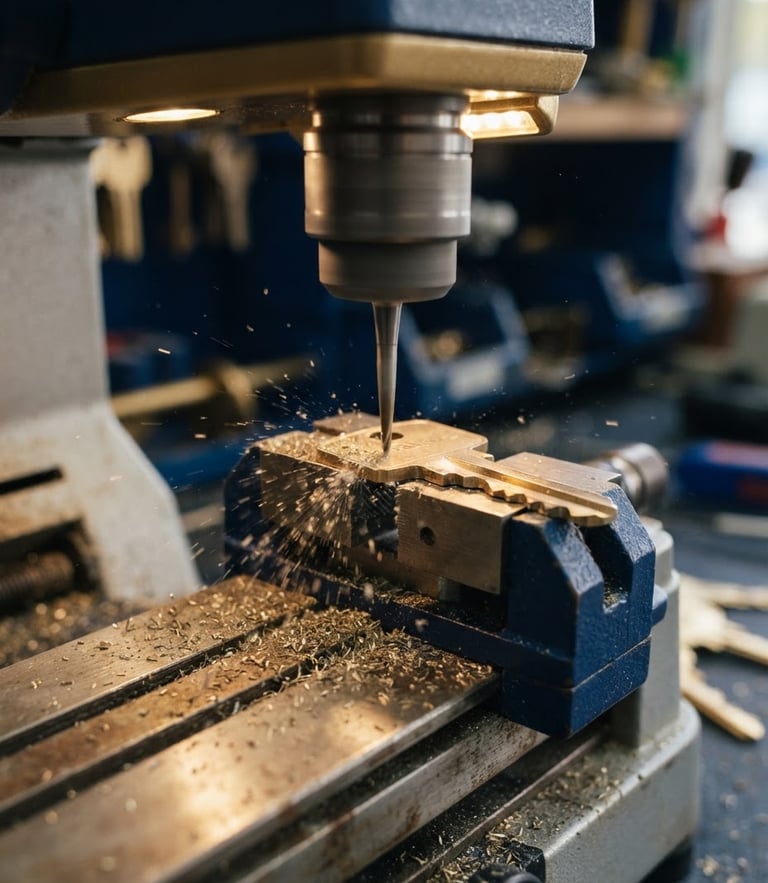 Close-up of a modern key cutting machine milling a brass key, metallic shavings, warm gold lighting, sharp focus, 35mm