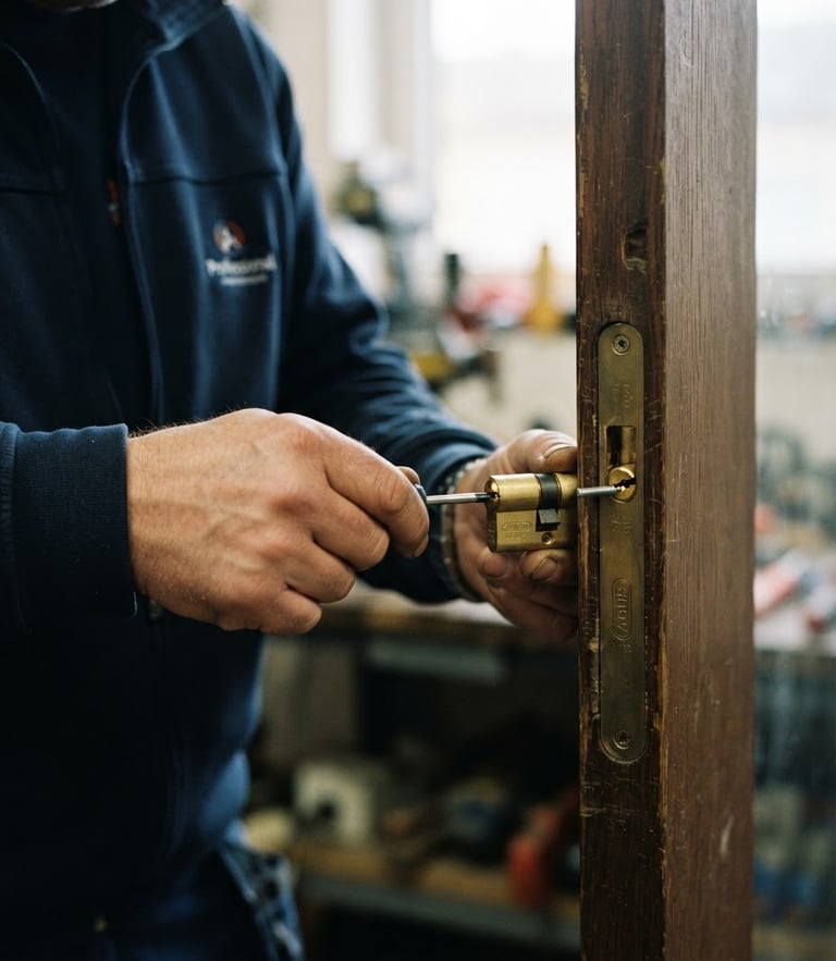 Professional locksmith in clean dark blue workwear installing a brass lock cylinder, macro shot, warm gold accents, natural daylight, 35mm
