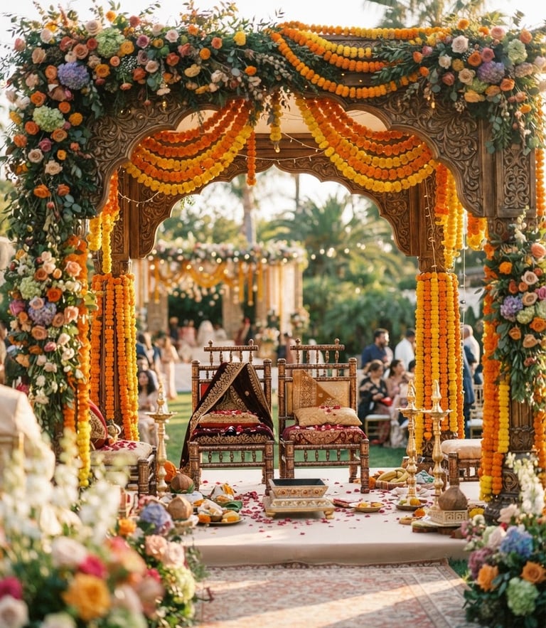 Warm editorial photograph of a beautifully decorated South Asian mandap archway with deep marigold garlands, golden-hour natural light casting soft shadows, shallow depth of field.