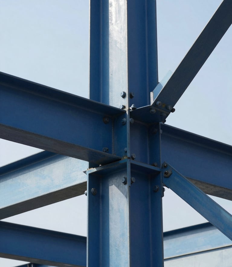 Sharp close-up of structural steel joints and heavy bolts on an industrial framework, crisp architectural shadows, bright daylight, high contrast