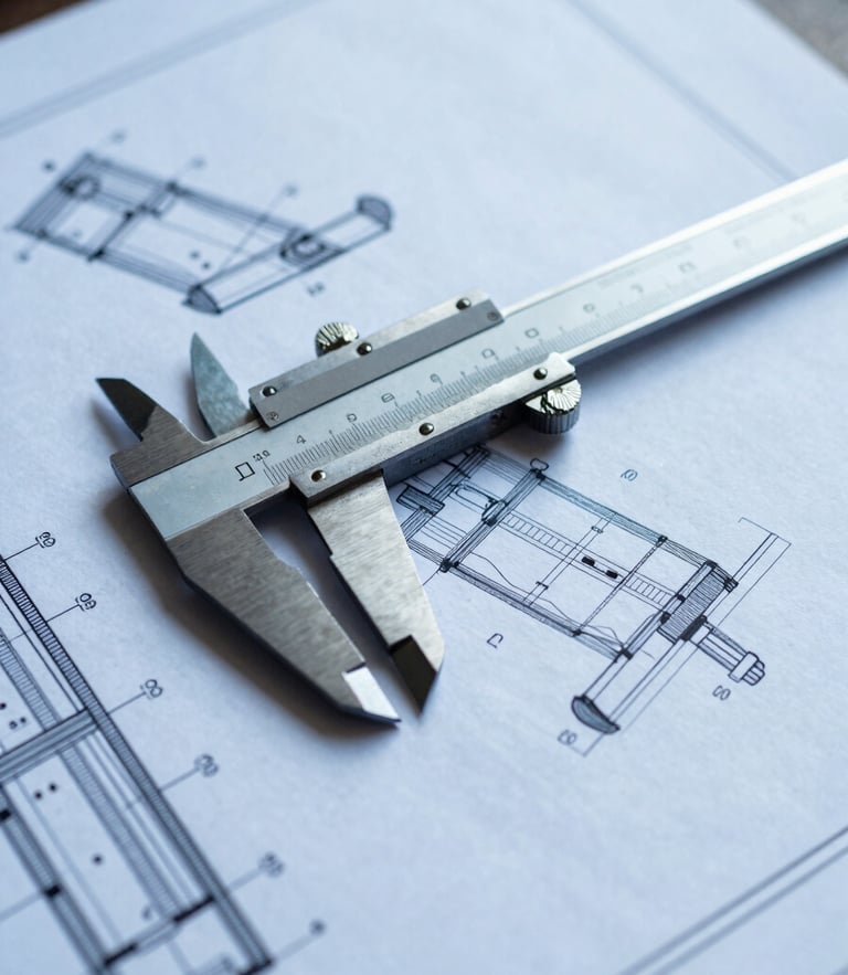 Close-up of technical engineering drawings and blueprints on a desk, with a mechanical caliper resting on the paper, sharp focus, high contrast, blue and steel tones.