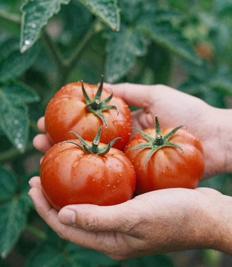 Close-up of weathered hands holding heirloom tomatoes in soft natural daylight, rich crimson tones, shallow depth of field, 35mm film look.