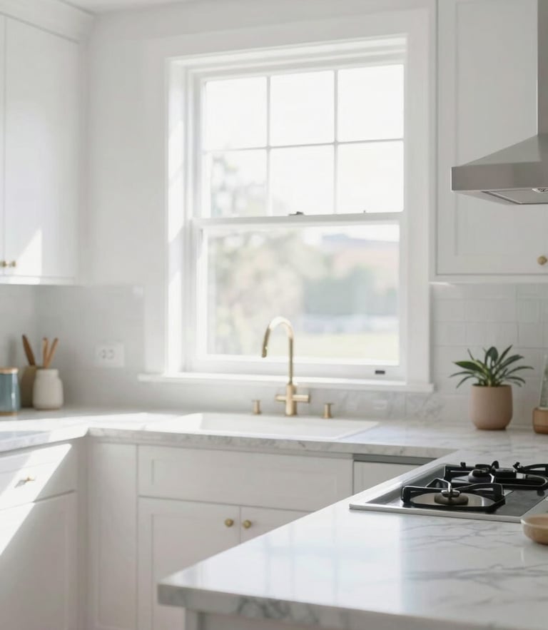 Bright sunlit modern kitchen with white cabinets, marble countertops, natural high-key daylight streaming through a large window, sharp focus, 35mm