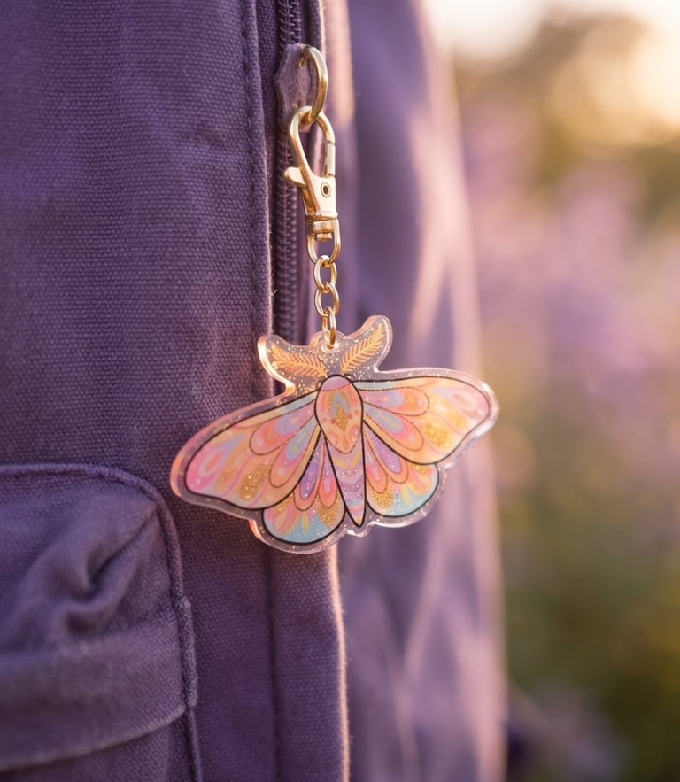 Close-up of a whimsical acrylic moth keychain catching warm golden-hour sunlight on a backpack, soft purple background, 35mm