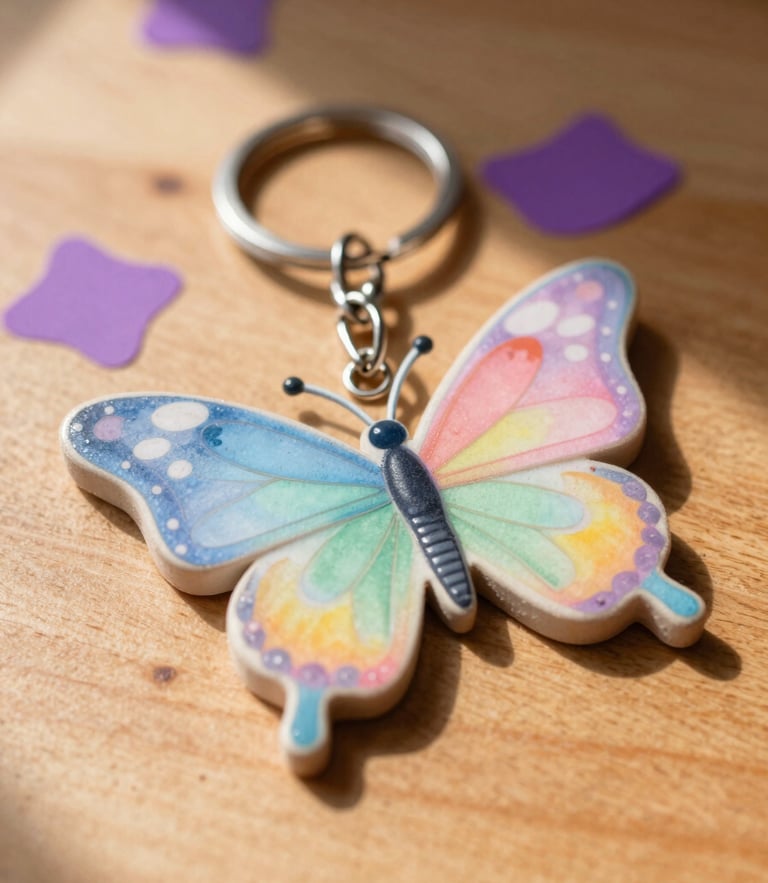 Close-up of colorful acrylic butterfly keychain catching natural morning sunlight, casting vibrant purple shadows on a warm wooden desk, 35mm