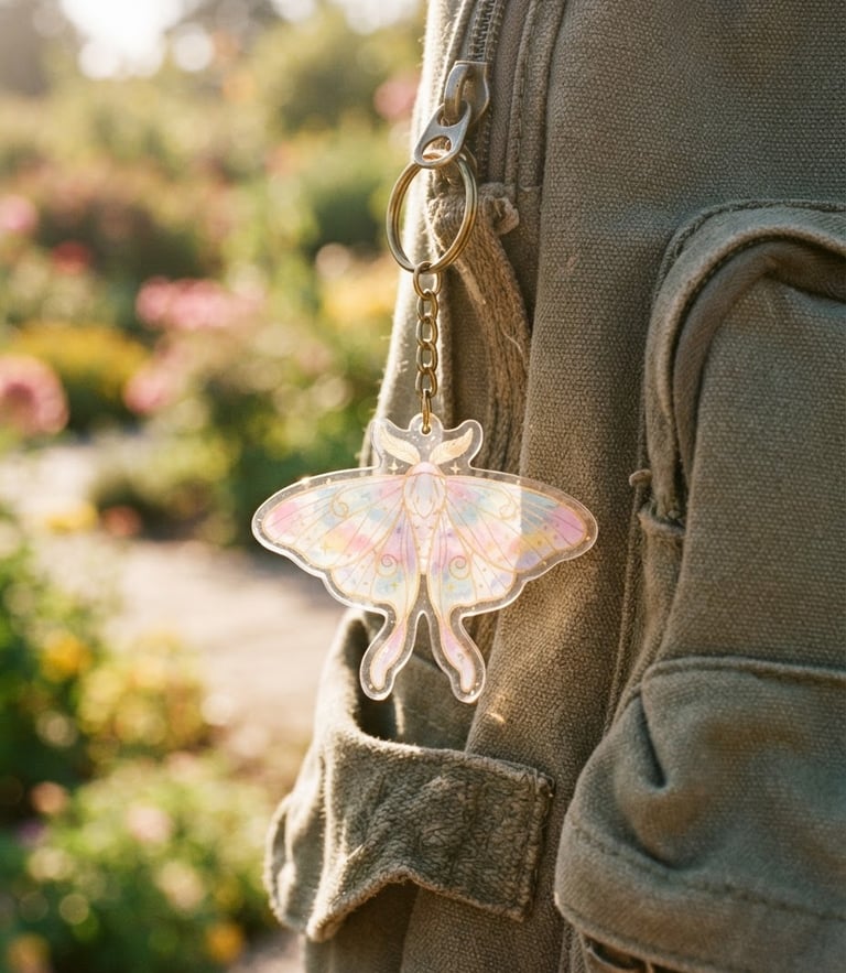Close-up of a whimsical transparent acrylic moth keychain dangling from a backpack outdoors, catching bright natural golden-hour sunlight, soft pastel tones, 35mm