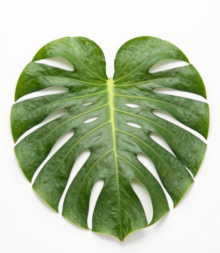A single vibrant green monstera leaf with distinct architectural cuts, isolated on a stark white plaster background, captured under flat shadowless high-key studio light, dead-center overhead macro shot with massive negative space.