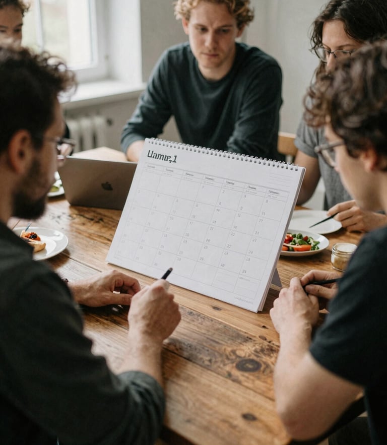 Candid medium shot of our creative agency team planning a content calendar around a rustic wooden table, soft natural indoor light, editorial style, 35mm film look.