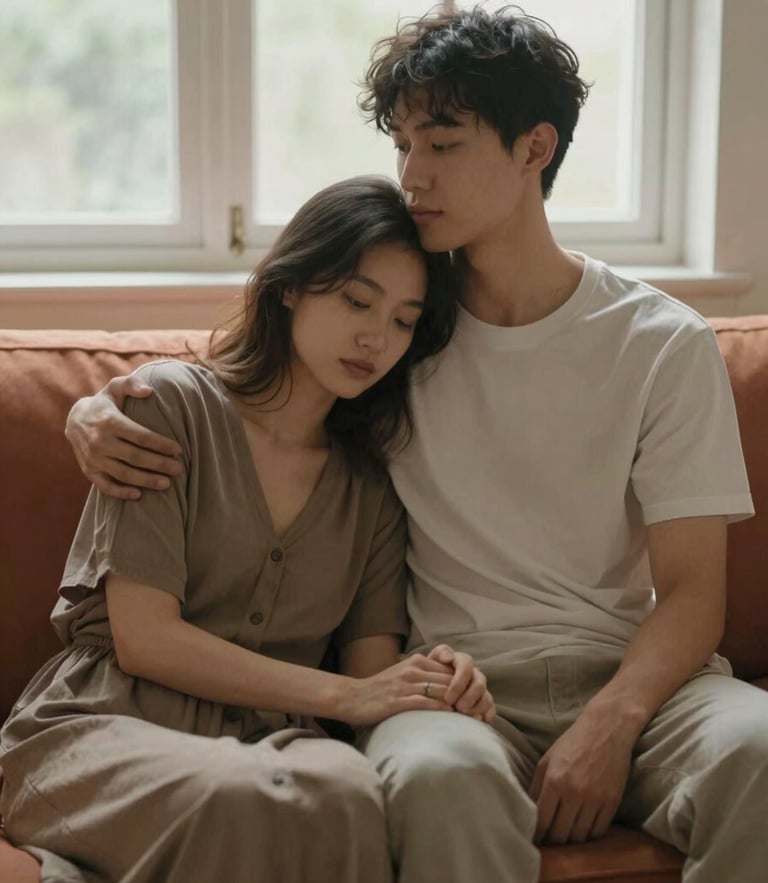 Intimate portrait of a couple sitting on a warm terracotta couch, soft natural window light, muted earthy tones, shallow depth of field