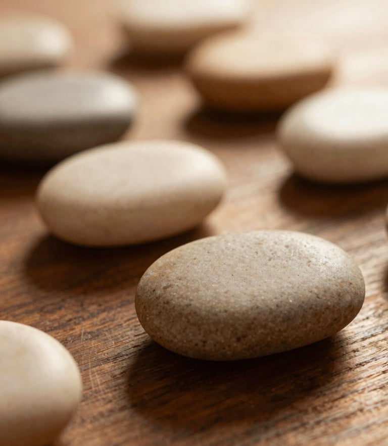 Close-up of smooth warm massage stones resting on a dark wood table, soft diffused golden-hour light, shallow depth of field, 35mm