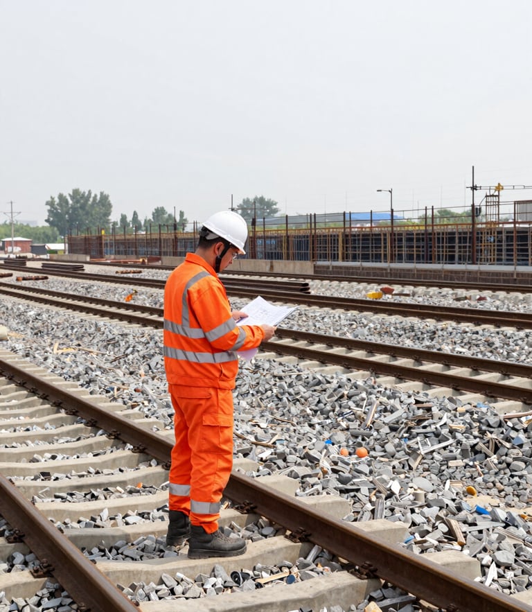 Wide environmental shot of a railway construction site, an engineer in high-visibility orange gear inspecting technical drawings, sharp industrial photography, crisp overcast daylight, high-contrast steel