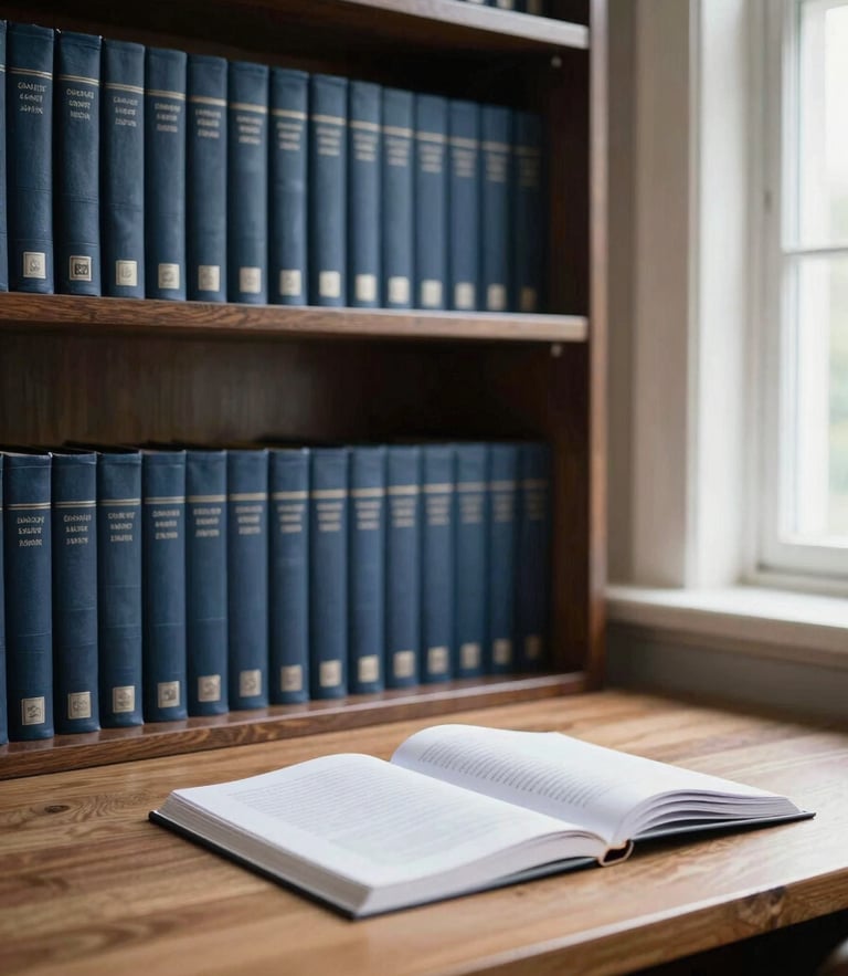 A quiet, sunlit university library alcove with leather-bound books on dark oak shelves, a clean wooden desk with an open research manuscript, soft window light, 35mm photography