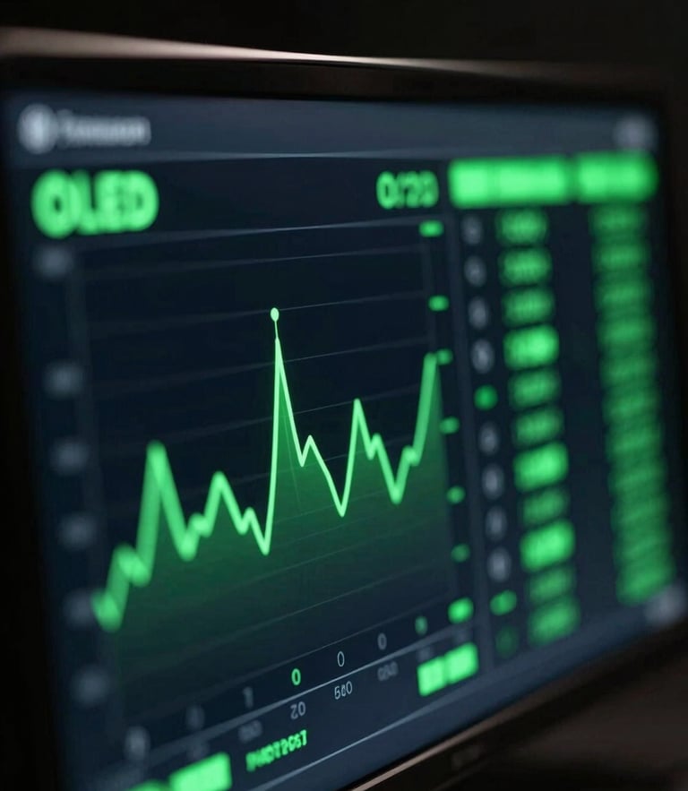 Extreme macro close-up of a premium OLED smart screen displaying high-fidelity green telemetry data, low-key dramatic studio lighting, neon reflections on dark curved glass, shallow depth of field.