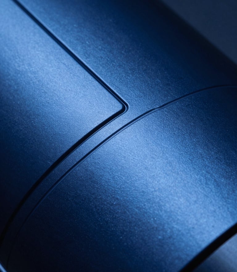 Extreme close-up of a sleek, high-contrast matte metallic surface with precise laser-etched geometric lines, cool sapphire blue studio lighting.