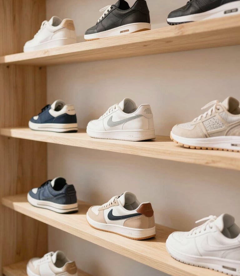 Bright editorial photography of curated contemporary sneakers and apparel displayed on clean wooden shelves, warm natural island daylight, soft shadows