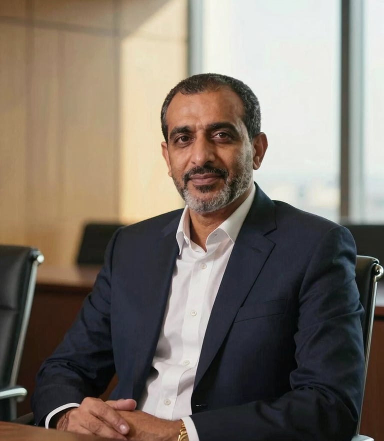 Warm executive editorial portrait of Ahmed Abdelmohsen in a modern Riyadh boardroom, soft window light, shallow depth of field, 35mm