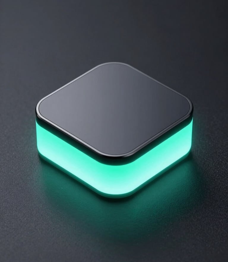 Sleek isometric 3D device mockup on dark obsidian background with glowing neon cyan ambient light, ultra-sharp macro focus, 35mm