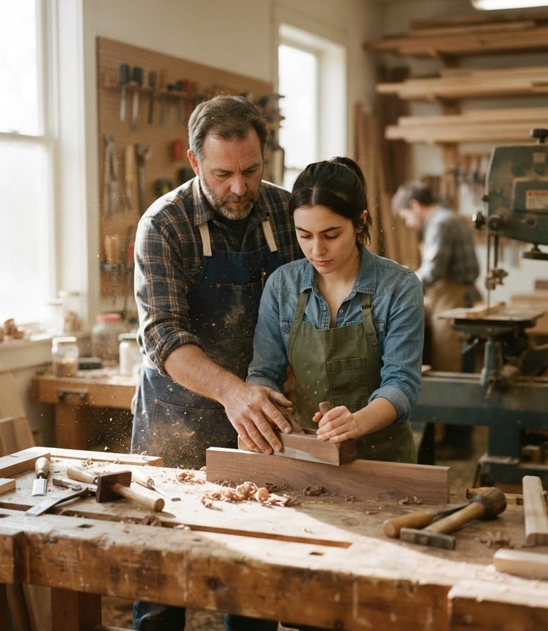 A medium shot of an instructor guiding an apprentice in a sunlit woodworking shop, sawdust caught in natural window light, muted earthy tones, shallow depth of field, 35mm film.