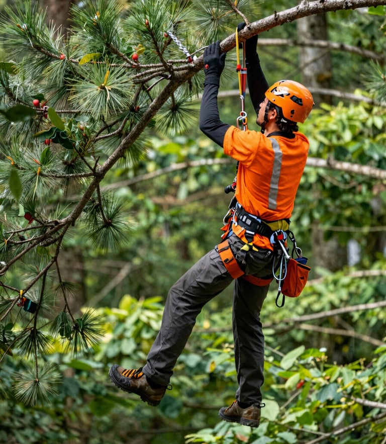 Professional arborist in high-visibility climbing harness using technical rigging systems to secure a massive pine branch, crisp daylight, forest background