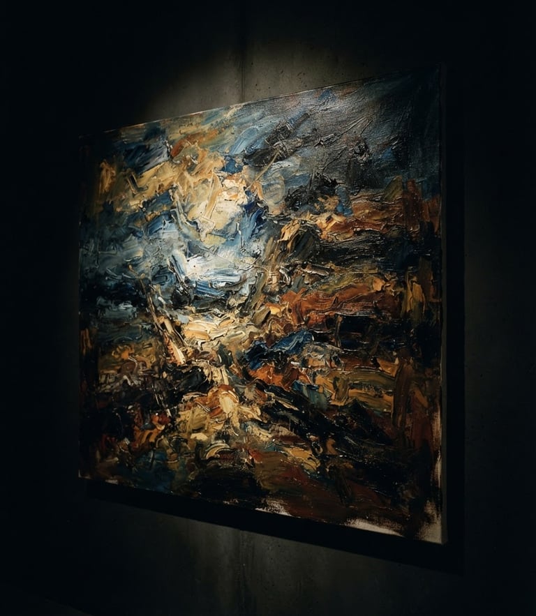 Dramatic gallery spotlighting a textured oil painting on canvas in a minimalist room, deep shadows, medium format film.