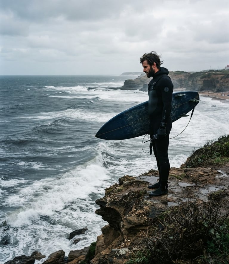 Instructor in a thick winter wetsuit standing on a rugged cliff in southern Mar del Plata, looking down at moody cold-water waves, overcast coastal light, 35mm lens