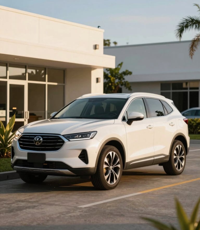 A clean modern white SUV parked in a bright Kingston office driveway, soft afternoon golden-hour light, warm editorial photography