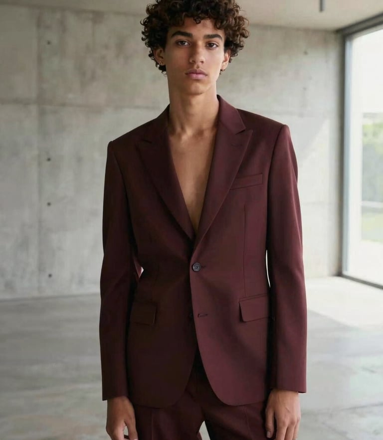 Editorial portrait of a stylish Brazilian teenager in a minimalist concrete gallery, wearing high-fashion structured tailoring, soft natural daylight, rich muted tones, 35mm lens