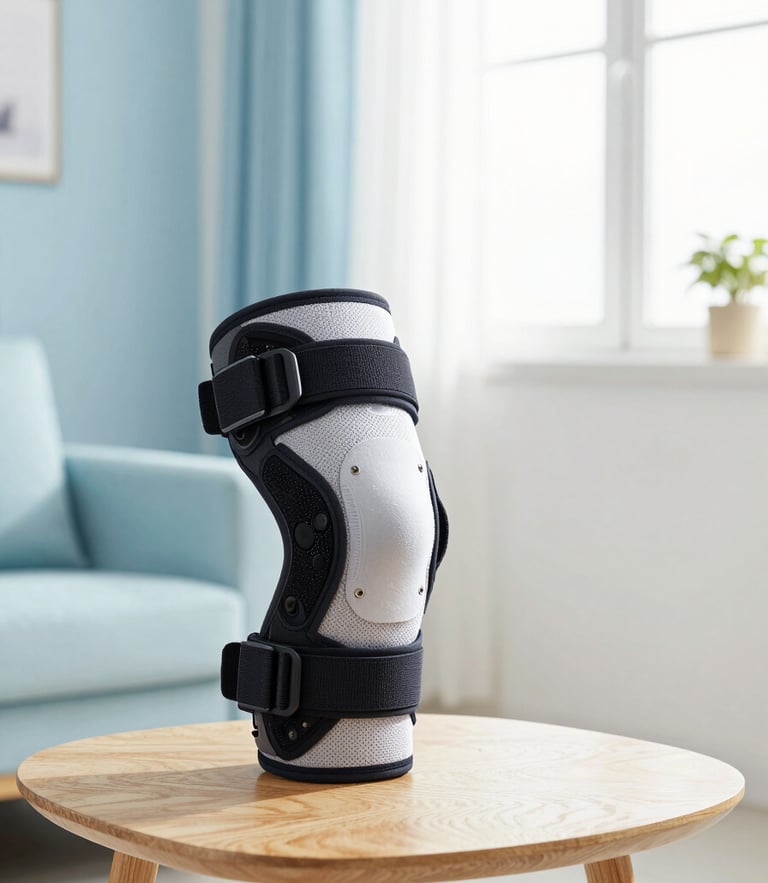 A clean, bright home living room with a premium supportive knee brace resting on a wooden side table, soft morning daylight, calming blue tones, 35mm